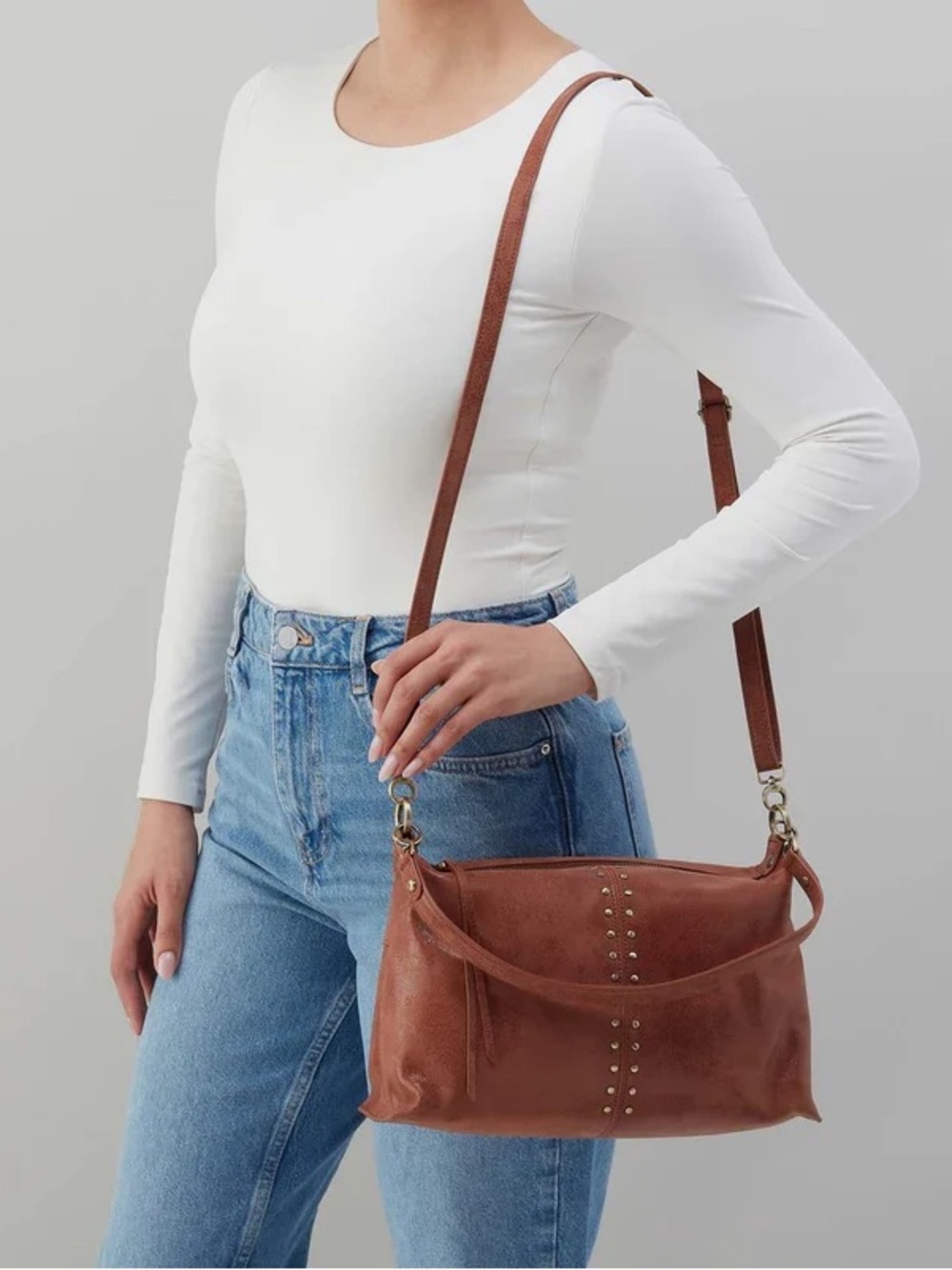 HOBO Tan Leather Studded Hobo Shoulder Bag